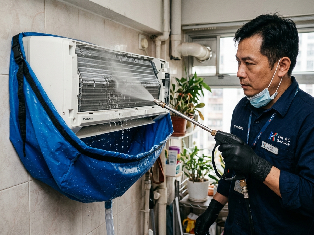 文華技師使用專用集水罩與高壓水槍深層清洗室內冷氣鋁片蒸發器
