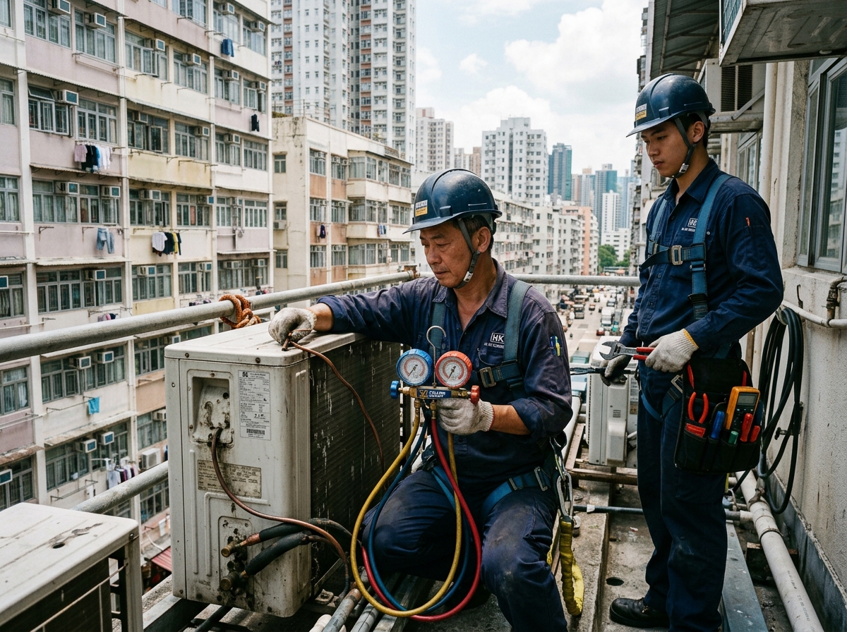 文華工程人員佩戴合規安全帶在香港大廈室外機支架進行高空冷氣安裝與壓力調試