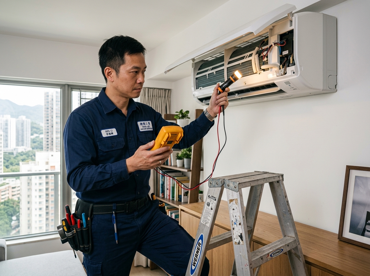 文華冷氣水電工程專業持牌技師在香港住宅內進行分體式冷氣全面檢測及電壓診斷